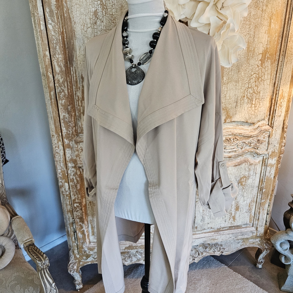 Max Studio Taupe Drape Front Trench Coat - Picture 8 of 11